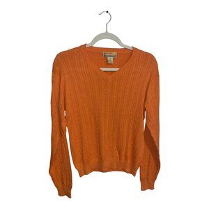 Women's Bobby Chan Orange Cable Knit Sweater V-neck Long Sleeve Size Medium